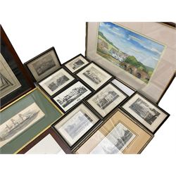 Collection of 19th century engravings, two modern Cecil Aldin prints, contemporary landscape watercolour and other prints (qty)
