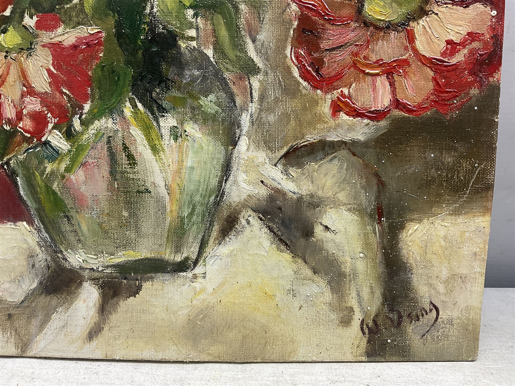 After August Macke (German 1887-1914): Children Dancing Under a Tree, oil on canvas unsigned 29cm x 37cm; English School (20th Century): Flowers in a Vase, oil on canvas board indistinctly signed 44cm x 37cm (one unframed)