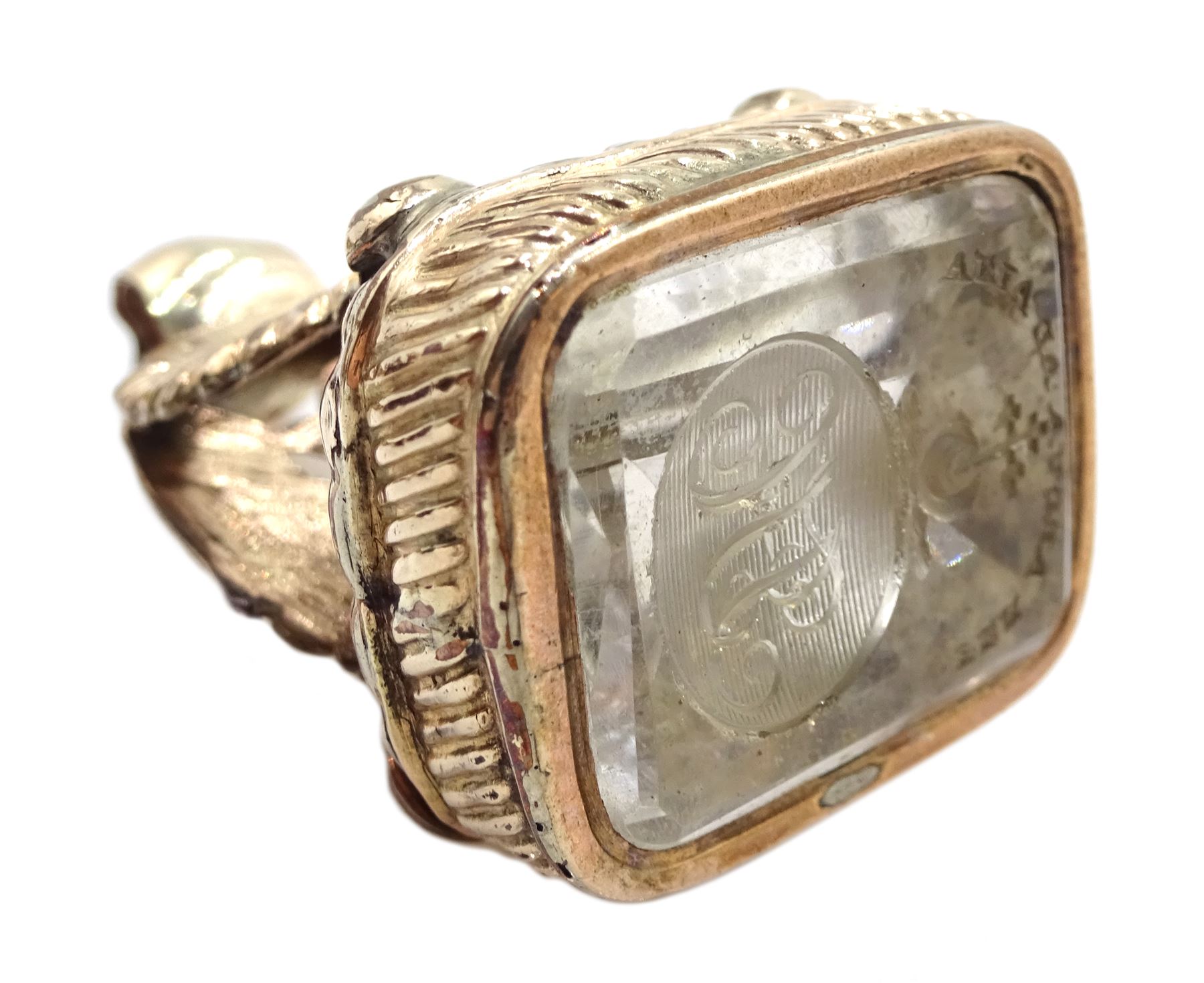 Victorian gilt crystal seal fob, engraved with initials HP, one other jet fob, gilt bloodstone swivel fob and and one other agate and bloodstone (4) 