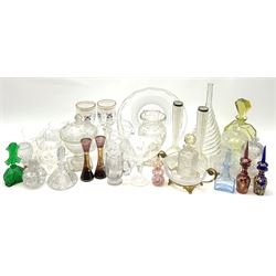 A group of assorted glassware, to include pair of silver mounted bud vases, hallmarks for Birmingham, Murano scent bottle of double gourd form, two Venetian scent bottles, three Art Deco style scent bottles including a large yellow example, pair of small Venetian vases, pair of white overlaid goblets, twin gilt handled cut glass bowl, glass funnel, 19th century sweetmeat jar and cover, plus various cut and other clear glassware.