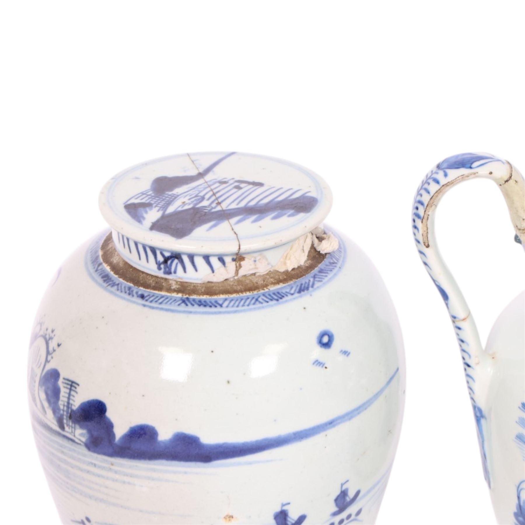 19th-century Chinese Export ginger jar,  decorated with landscape with pagodas, together with Chinese export jug, with similar decoration, jug H22cm 