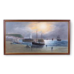 Robert Sheader (British 20th century): Fishing Boat on the Foreshore Scarborough by Moonlight, oil on board signed 45cm x 91cm