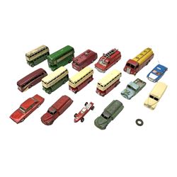 Dinky - fifteen unboxed and playworn die-cast models including AEC Monarch Thompson Tanker, Ford Transit Fire Service van, Daimler Ambulance, six buses, early tankers, Ferrari Racing Car etc; and a Corgi Land Rover (16)