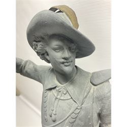 Pair of spelter figures modeled as Cavaliers, together with a spelter figure of Joan of Arc, largest H52cm