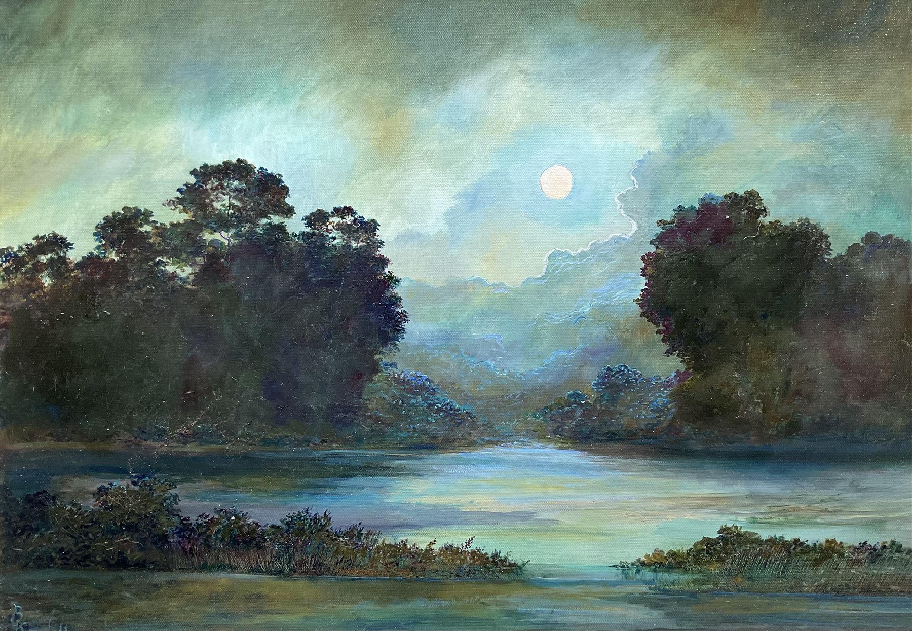 Bruce Kendall (British Contemporary): 'The Wizard Moon', oil on canvas board signed, titled verso 41cm x 59cm