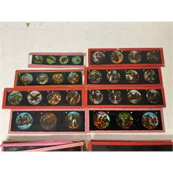 Tinplate magic lantern with three boxes and some loose slides, including Primus magic lantern slides