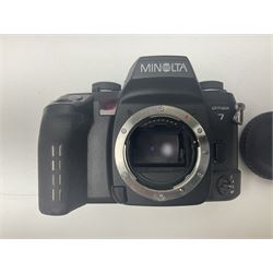 Minolta Dynax 7 camera body, serial number 93101009, Minolta 'AF APO Tele 300mm 1:4 (32)' lens serial no 32501041, in case and other camera equipment 