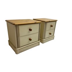 Pair pine and painted bedside chests, fitted with two drawers flanked by spiral turned uprights, in latte finish