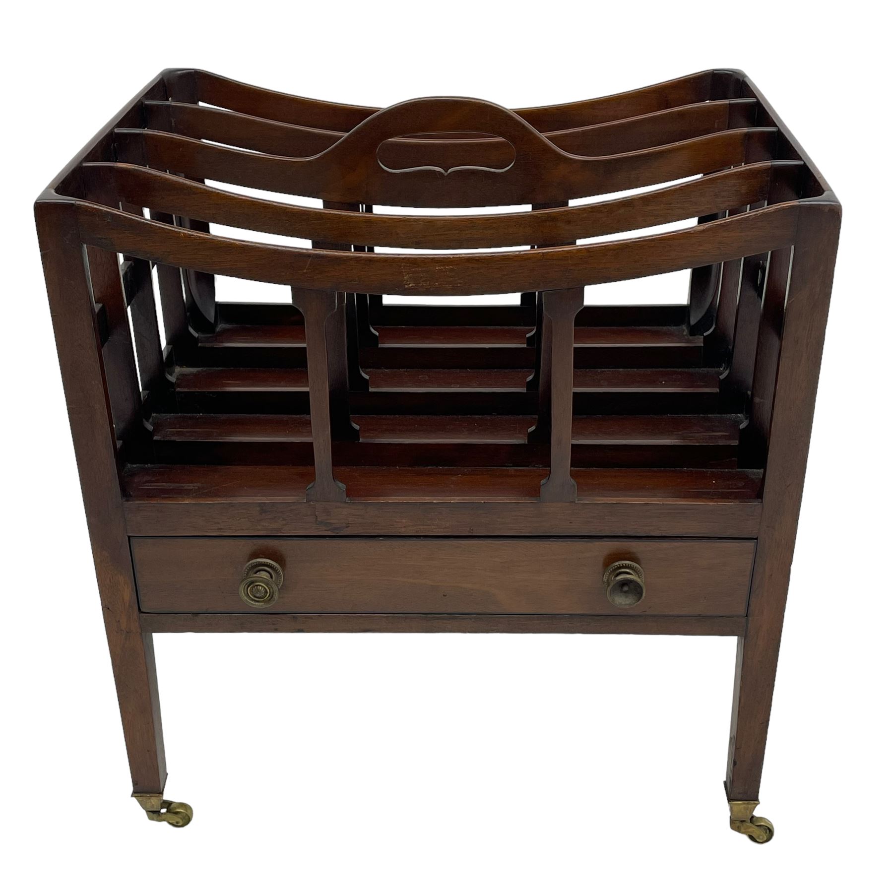 Georgian design mahogany Canterbury, four divisions with dished upper rails, the central rail pierced with handle, fitted with single drawer, on square supports with brass cups and castors 