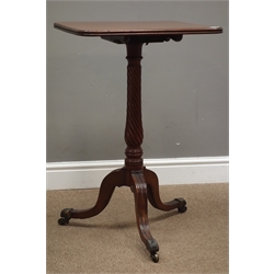  Regency mahogany tripod table, square tilt top on twist column support, three moulded legs with brass sockets and castors, 45cm x 48cm, H74cm  