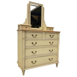 Laura Ashley pine and cream finish vanity chest, fitted with two short and three long drawers, swing mirror back