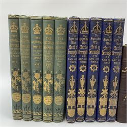 Taylor James (Ed): The Victorian Empire; A Brilliant Epoch in Our National History. Five volumes; and Ewald Alexander Charles: The Right Hon. Benjamin Disraeli Earl of Beaconsfield and his Times. 1881. Five volumes; both with decorative blue cloth/gilt bindings and a.e.g.; together with The Compact Encyclopedia. 1931. Six volumes. Quarter leather binding (16)