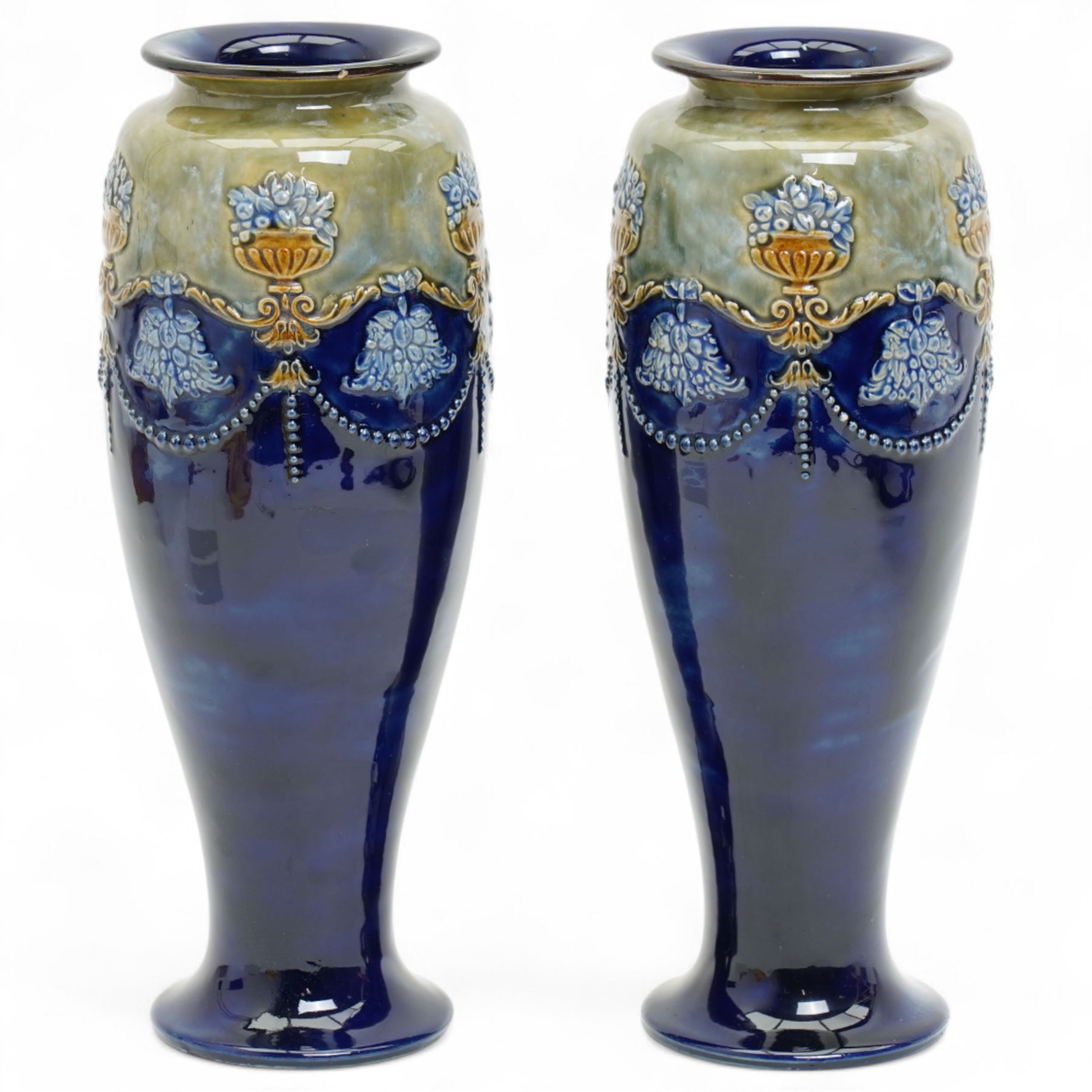 Pair of Royal Doulton stoneware vases, of baluster form, each with raised swag decoration, impressed marks to base with incised initials 'LB', numbered 6698, H29cm