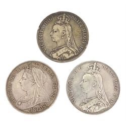 Three Queen Victoria crown coins, dated 1888, 1889 and 1893