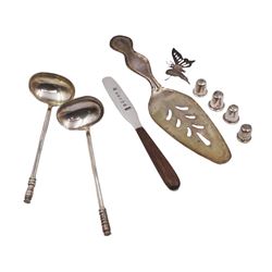 Group of modern Arts & Crafts style silver, to include two sauce ladles, a pierced cake slice, page turner with wooden handle and two thimbles, all hallmarked John Henry Pank, some with Hull town marks, together with two other thimbles and a butterfly, thought to be by the same maker but unmarked
