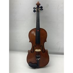 Early 20th century German Saxony three-quarter size violin with 34cm one-piece maple back and ribs and spruce top L55.5cm overall; in ebonised wooden 'coffin' case with bow