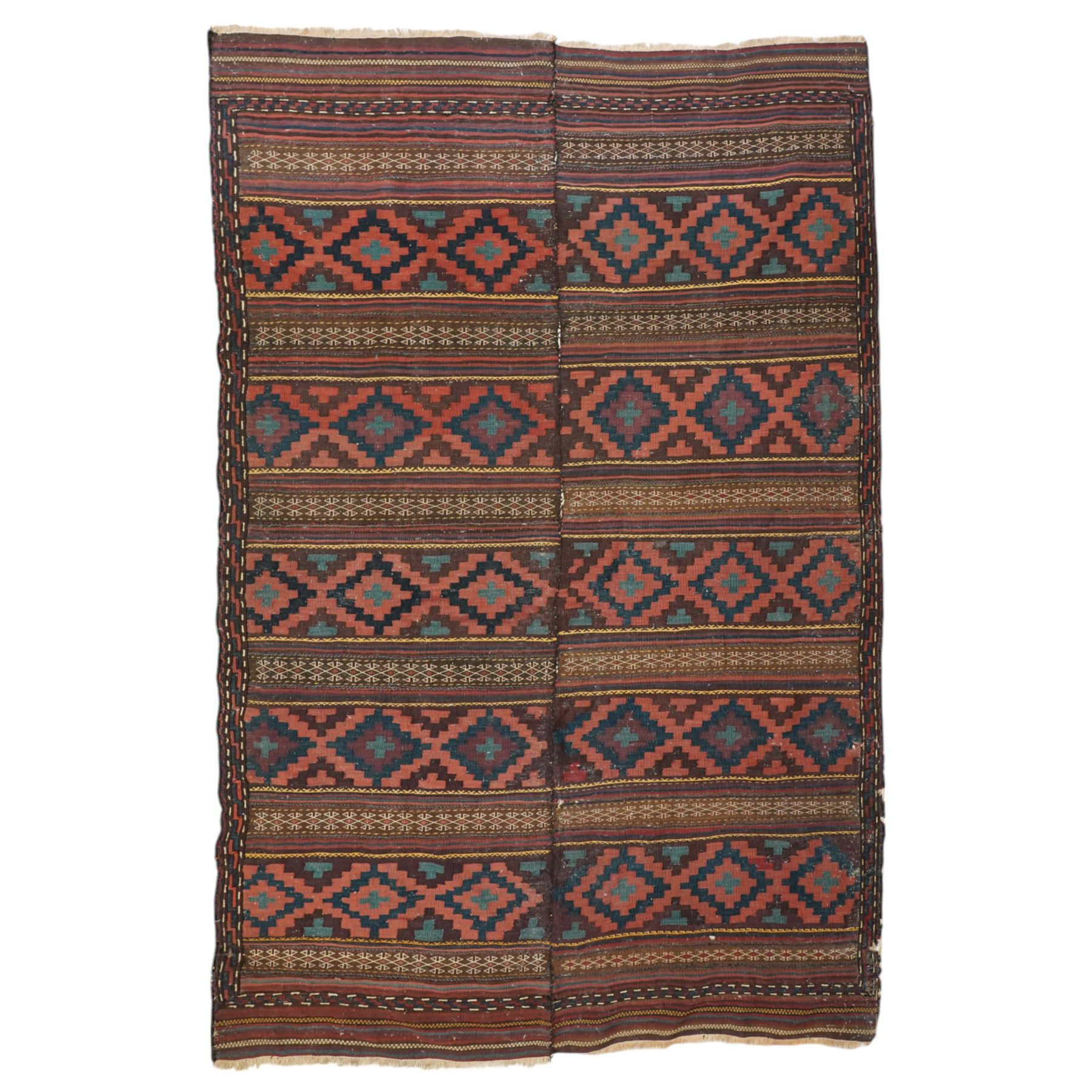 Group of four late 20th century wool kilim rugs, comprising a narrow tribal runner with stylised tree motifs and hooked guard bands (H 180cm, W 56cm), a lozenge medallion rug with decorative striped ends (H 125cm, W 75cm), a red and blue kilim with trefoil repeat field and multicoloured border bands (H 187cm, W 98cm), and a wide horizontal striped example with alternating lozenge and linear motif rows (H 260cm, W 173cm)