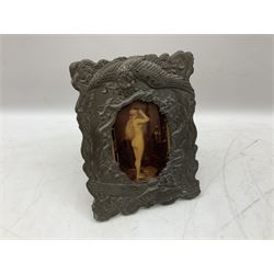 Japanese bronzed antimony frame, decorated with dragons and ho ho birds, easel stand to reverse, containing Continental crystoleum of female nude, H24cm