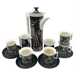 Susan Williams Ellis for Portmeirion 'Magic City' part coffee service, comprising five cups, six saucers, sugar bowl, milk jug and coffee pot
