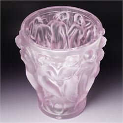 Lalique Bacchantes pattern frosted and clear pink glass vase signed 'Lalique France' H25cm in original pink Lalique box with guarantee etc