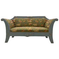 French empire style settee upholstered in 'Leighton' by Margarita Cushing floral fabric, grey painted and gilt frame