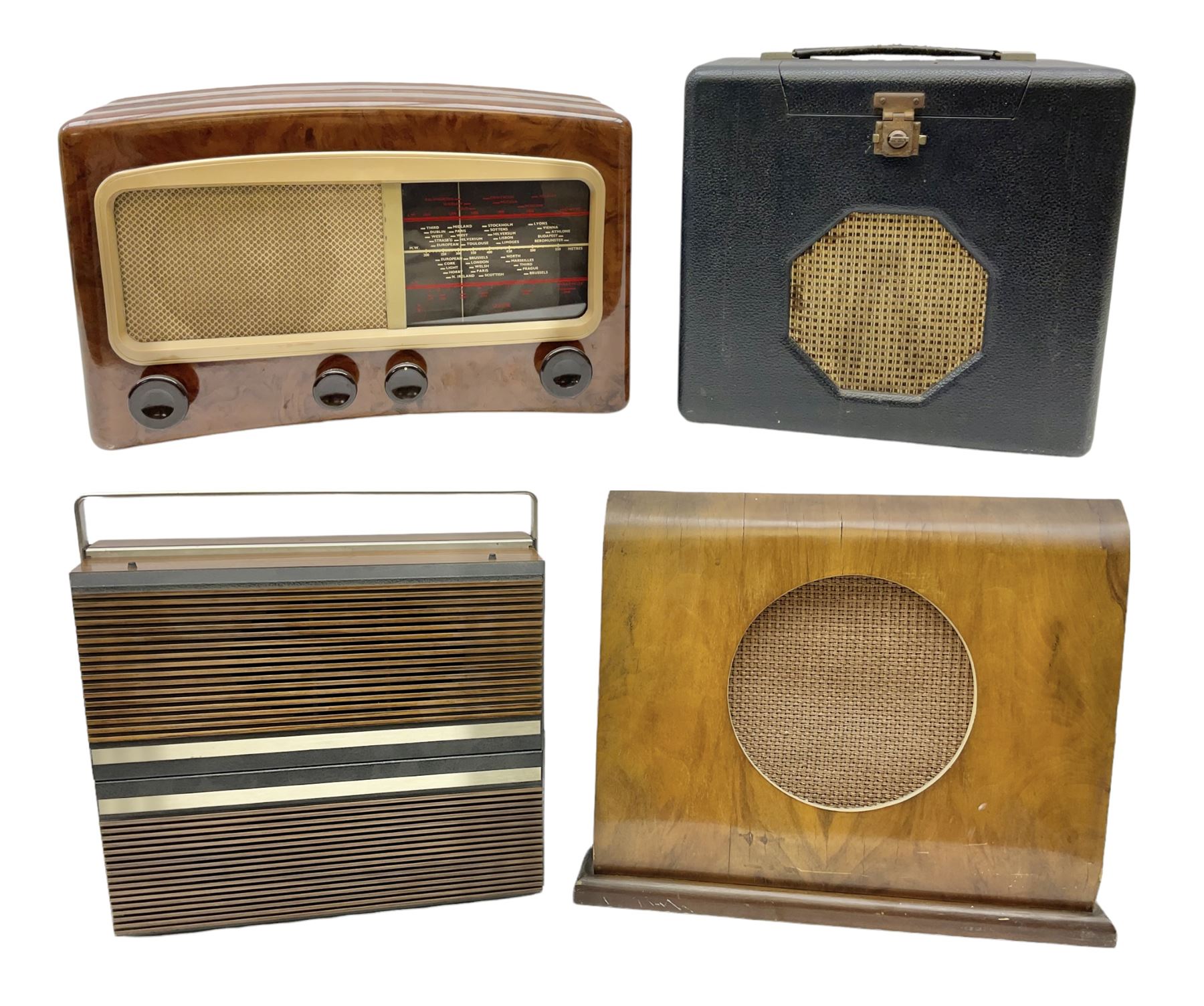 1950s Cossor Melody Maker model 501 UL valve radio, in marbled brown Bakelite case, 1970s ITT KB KP-820 record player, with two detachable speakers forming the lid, Richard Allan Type C810 speaker in walnut veneer case of curved form, H33cm, and another valve radio in black case (4)