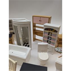 Modern 1:12 scale dolls house furniture, comprising pine kitchen set, with wall cabinets, floor cabinets and sink unit, white wooden bathroom suite, white wooden kitchen and dining room furniture and appliances, wooden bedroom furniture, Raine purple wingback chair, tv, desk, fish tank, etc