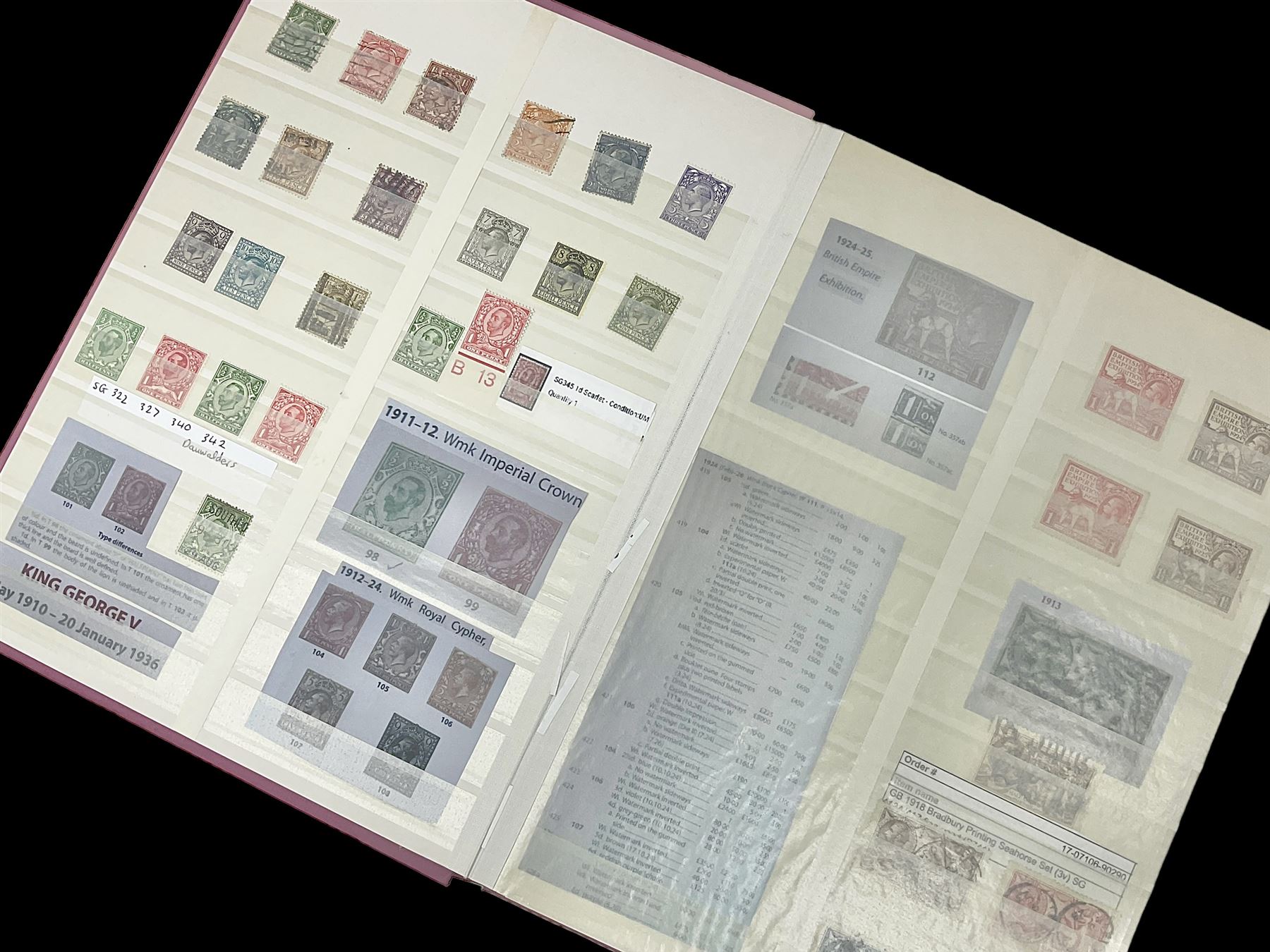 Mostly Great British stamps, including King Edward VII two shillings and sixpence, five shillings and ten shillings, King George V seahorses, King George VI high values, Queen Elizabeth II pre and post decimal etc, housed in a pink stockbook 