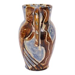 David Garland (b.1941) jug, decorated in a blue and brown glaze, with leaves and abstract patterns, H27cm