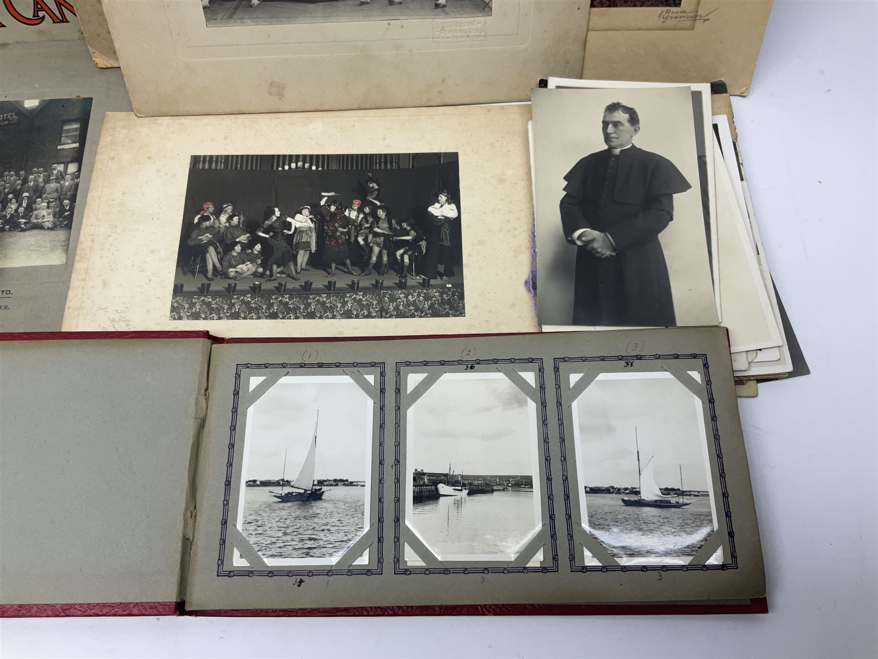 Two albums of cigarette cards, including Carreras Alice in Wonderland examples, together with vintage greetings cards, postcards, theatre stills, etc