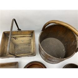 Round wooden pail with metal rings and wooden handle, together with a rectangular bucket with metal swing handle and removable tray and other wooden items