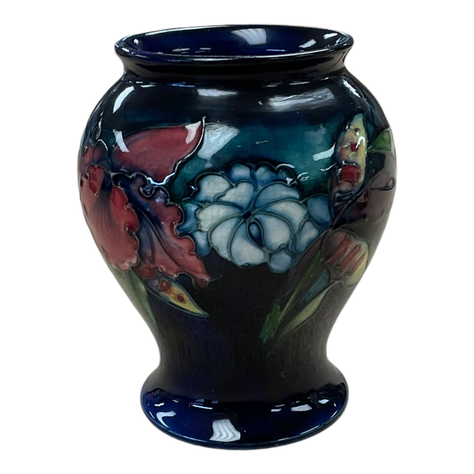 Moorcroft Orchid pattern vase of baluster form, together with four other Moorcroft items, Royal Worcester vase 1748 and Royal Crown Derby vase