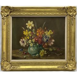 Owen Bowen (Staithes Group 1873-1967): Still Life of Spring Flowers in a Vase, oil on canvas signed 40cm x 50cm