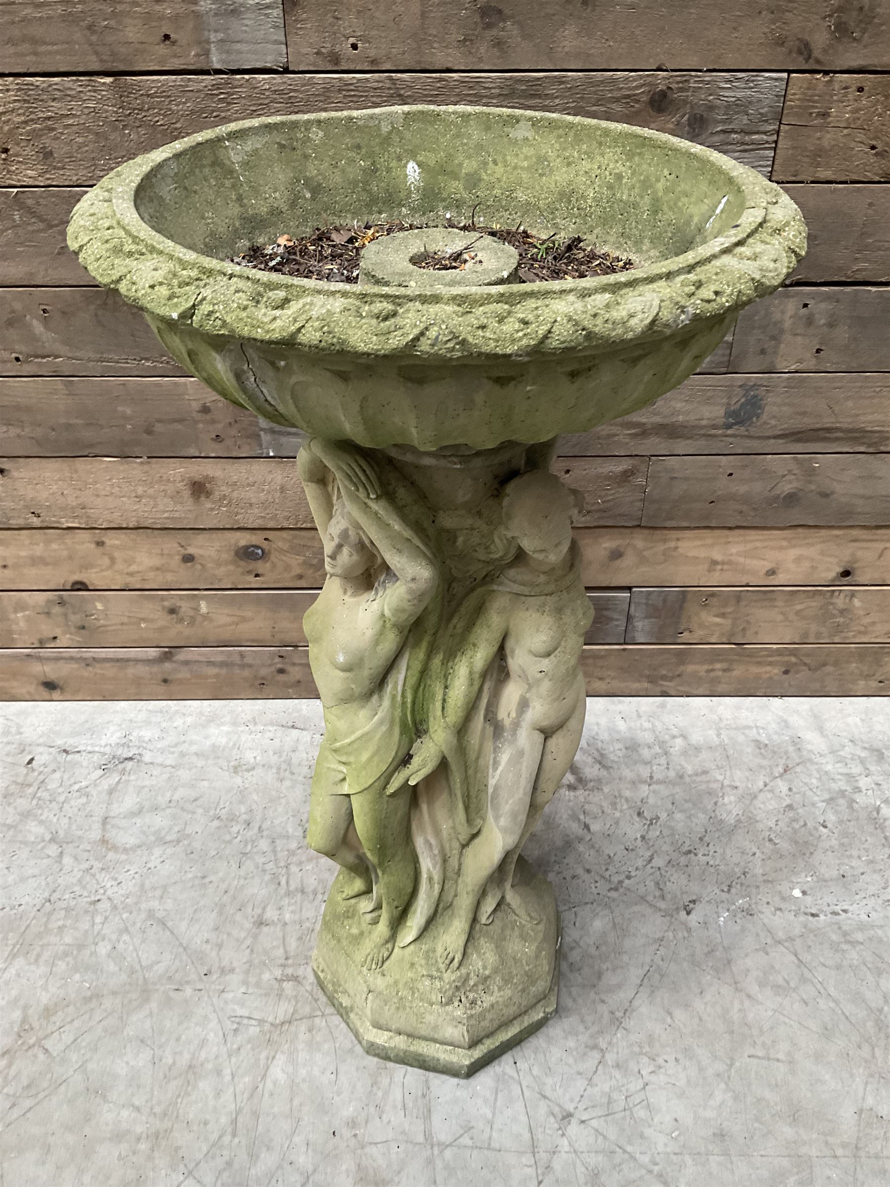 Cast stone bird bath, pedestal in the form of 'The Three Graces'