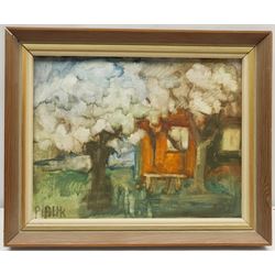 Pia Hesselmark-Campbell (Swedish 1910-2013): Trees before a Cabin, oil on canvas signed 26cm x 34cm
