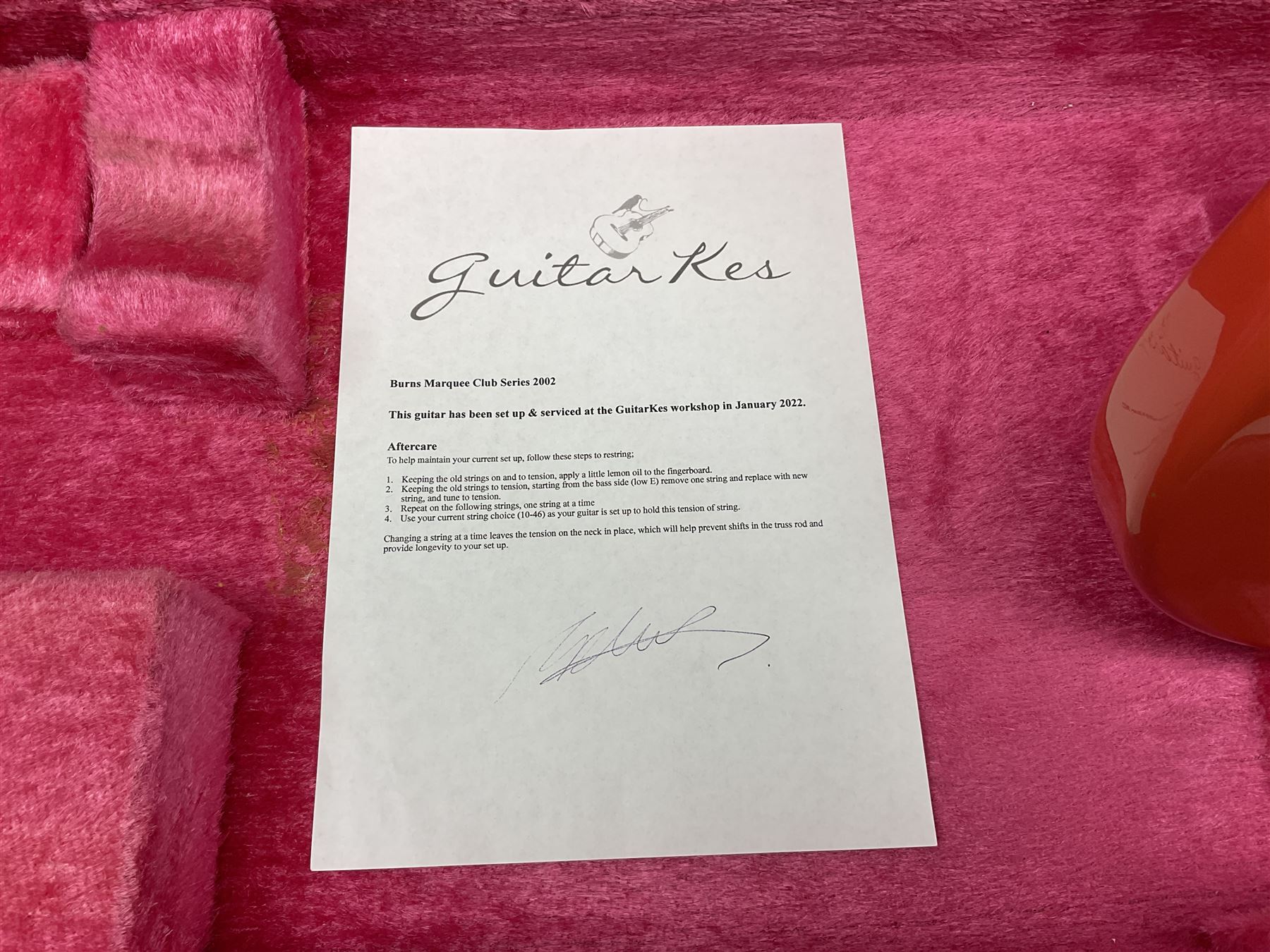 Burns Club Series Marquee electric guitar in fiesta red with maple fretboard; serial no.2002491 L100cm; in hard case with GuitarKes service and set-up certificate dated January 2022