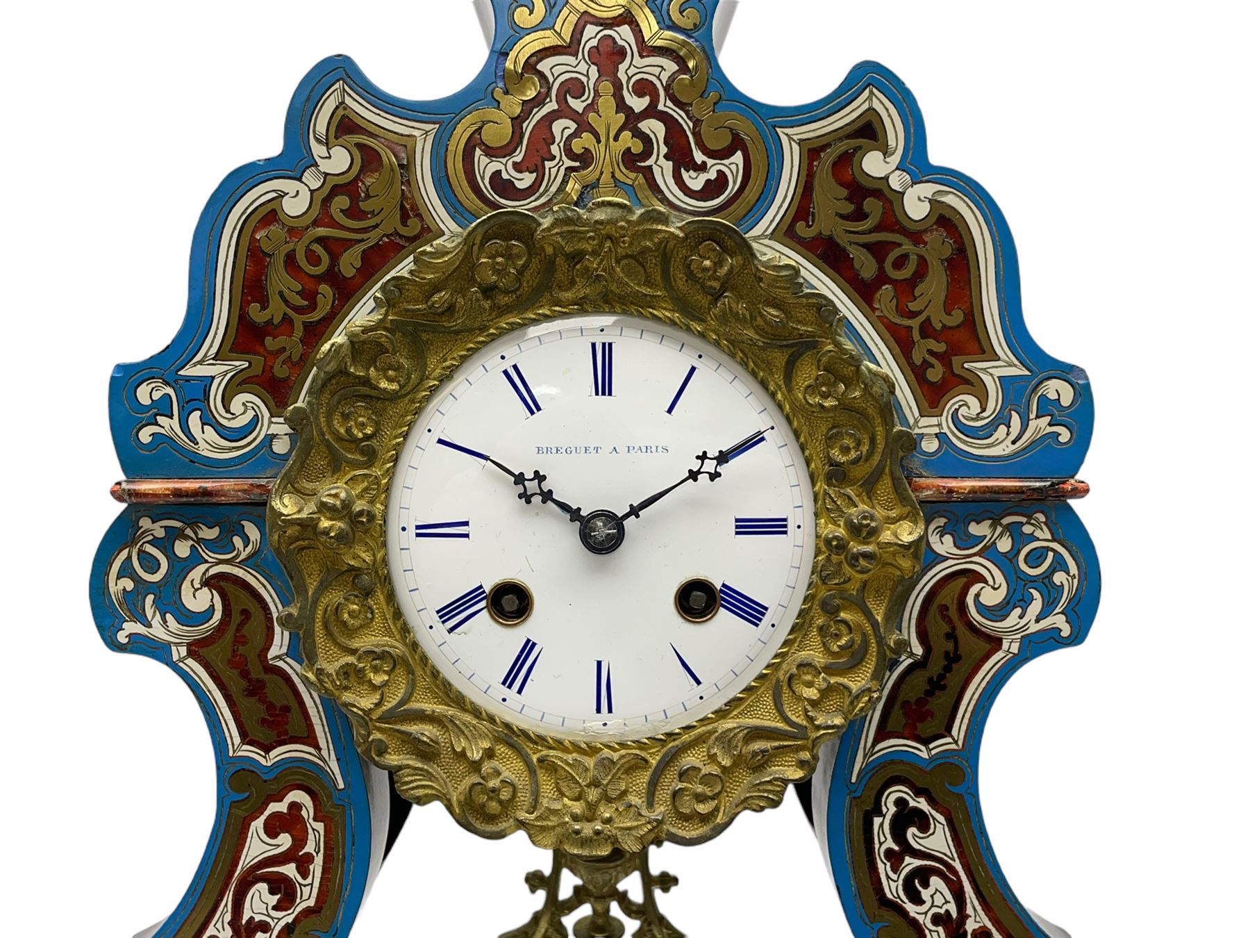 Breguet A Paris - Mid-19th century 8-day French portico clock, ebonised case with brass and cloisonne inlay, on a rectangular plinth with a shaped base, white enamel dial with blue Roman numerals, minute track and steel trefoil hands, cast brass bezel with scroll and foliate decoration and a conforming gridiron pendulum, twin train going barrel movement with a countwheel strike sounding the hours and half-hours on a bell, with an ebonised base and glass dome. 