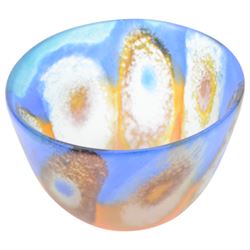 Pauline Solven, studio glass bowl decorated with abstract circular pattern upon blue and orange grounds, H11cm, D15cm 