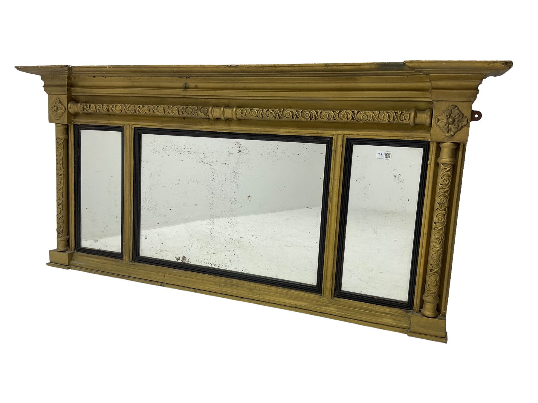 19th century gilt framed overmantel mirror with inverted breakfront cornice over three mirror panels framed by ornate columns