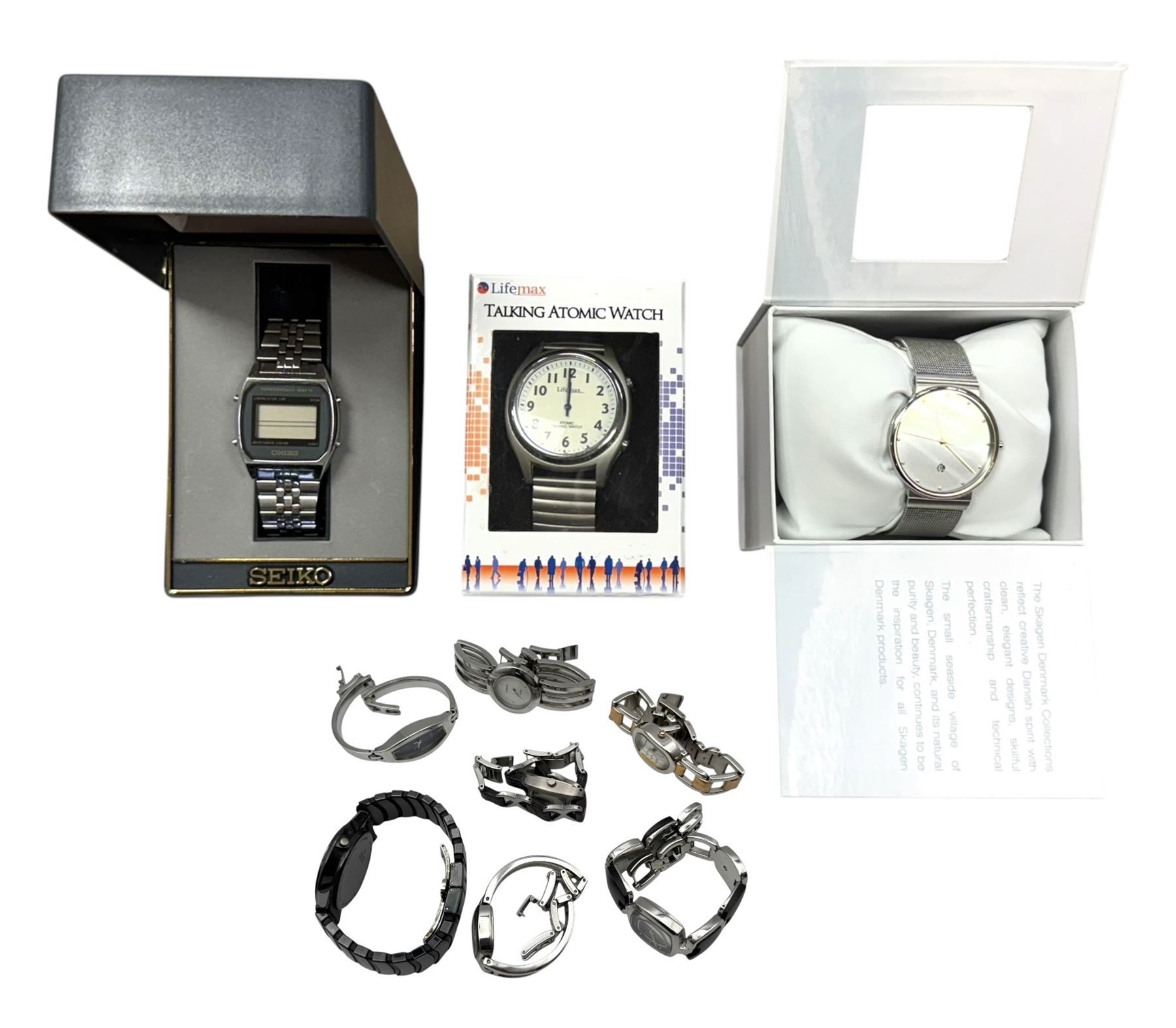 Collection of wristwatches, including Junghans Mega Solar, Seiko alarm chronograph, six Fossil watches, Skagen wristwatch and one other 