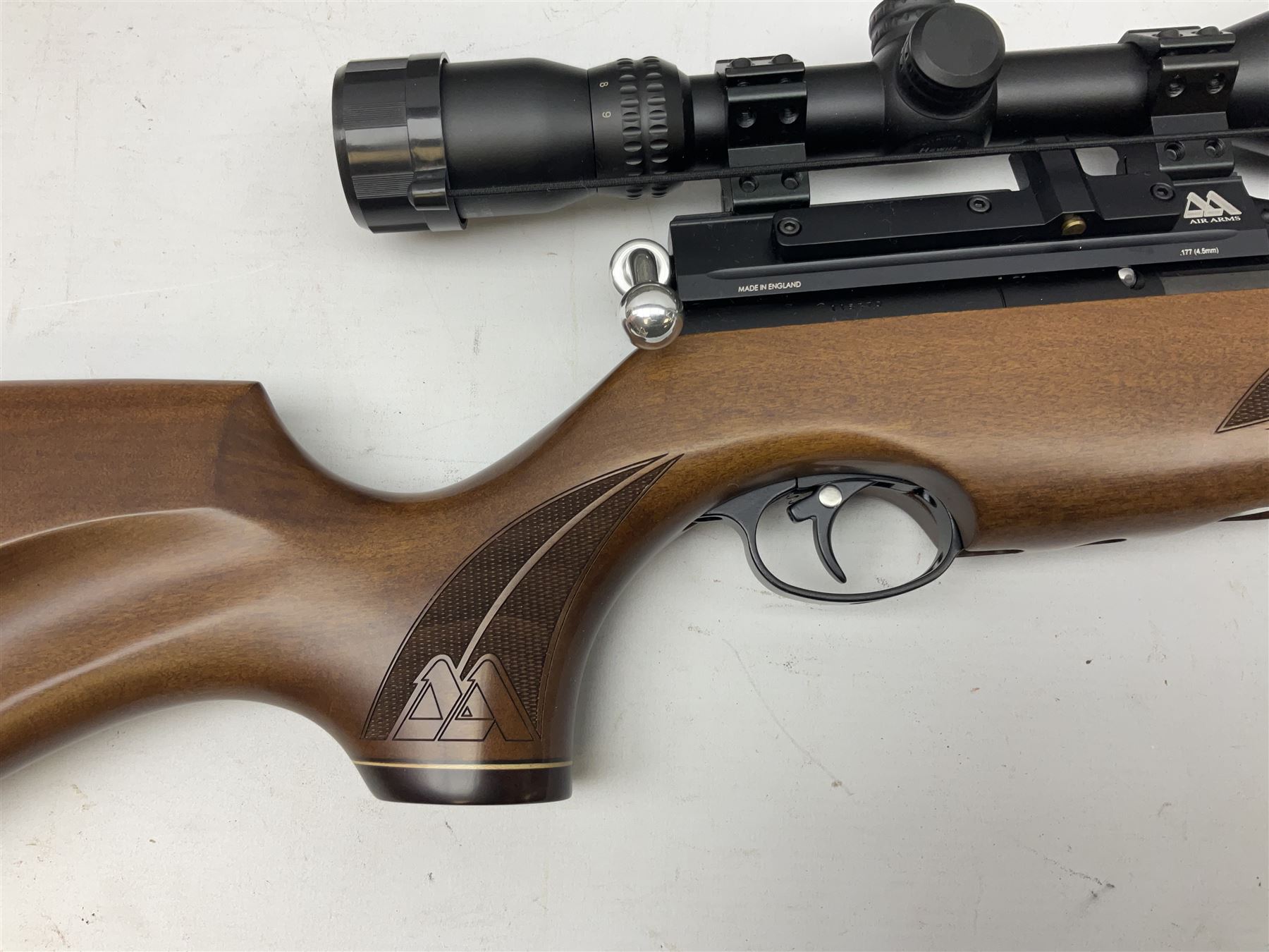 Air Arms Model S410F Classic .177 multi-shot compressed air rifle with bolt action, underside pressure gauge, chequered pistol grip, moderator and Hawke Sport HD 3-9x50 scope L112cm; in Anglo Arms camouflage sleeve with spares, tool kit, magazine and instruction manual