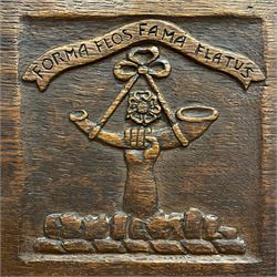 Mouseman - circa. 1930s set of six (4+2) oak dining chairs, panelled back carved with the Bagshawe family crest, the moto 'Forma Flos Fama Flatus' over an arm grasping a bugle-horn with ribbon tie and Yorkshire rose motif, adzed frame, leather lattice strap seat, on octagonal supports united by stretchers, two carvers and four side chairs, each carved with mouse signature, by Robert Thompson of Kilburn 

Provenance: Owned since manufacture by the Bagshawe family, descendants of the Staithes Group Artist Joseph Richard Bagshawe RBA (1870-1909).