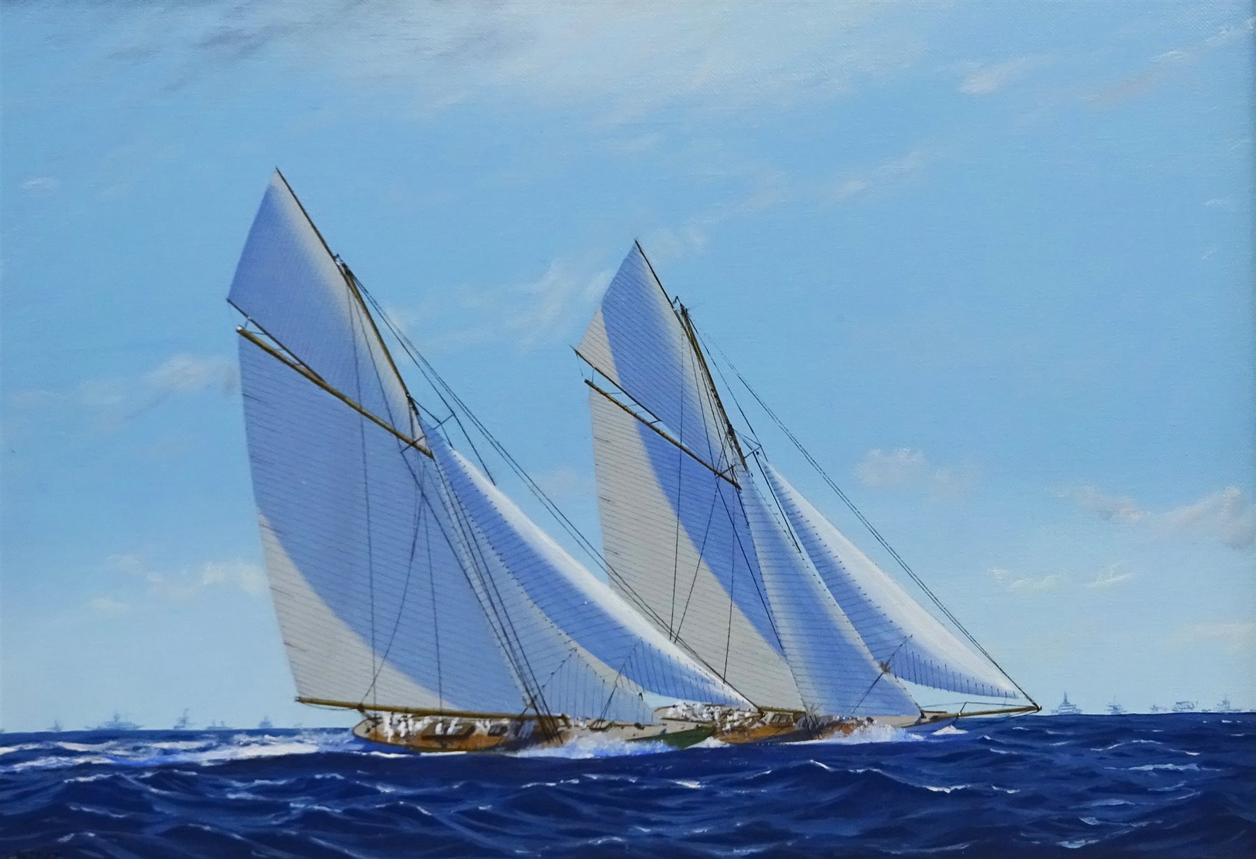 James Miller (British 1962-): America's Cup Series the 13th Challenge 1920 'Shamrock IV' & 'Resolute', oil on canvas signed, titled verso 24cm x 34cm