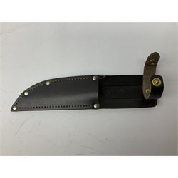 Three hunting knives, each blade marked A. Wright & Sons Sheffield, one with leather handle, one with horn handle and one with antler handle; each with leather sheath (3)