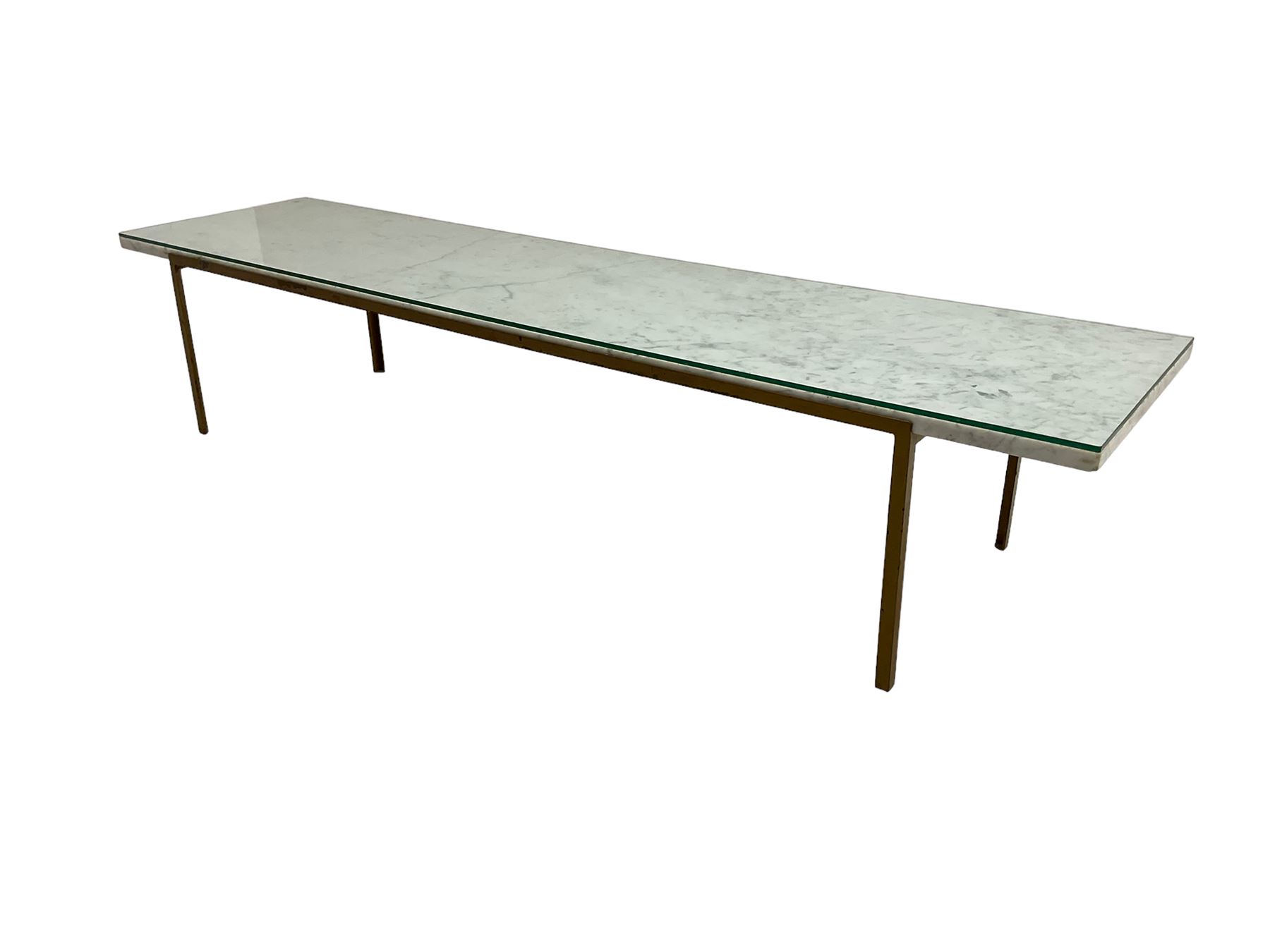 Long narrow rectangular marble top coffee table, on wrought metal base