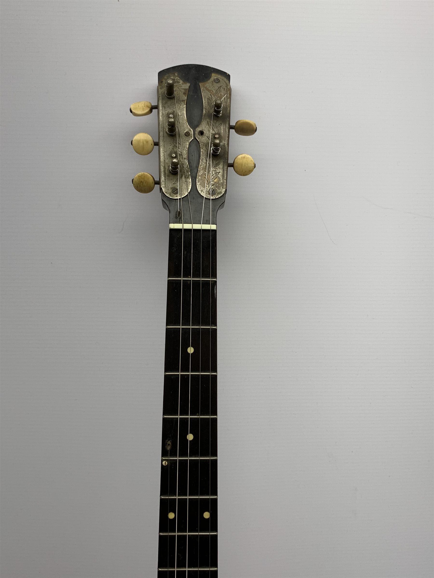Early 20th century five-string banjo with ebonised frame and walnut neck, the headstock with engraved nickel plated mounts, impressed No.44A, L91cm