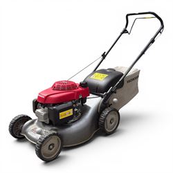 Honda -  GCV160 petrol lawnmower, Izy model, with rear grass collector, grey deck and red engine cover.