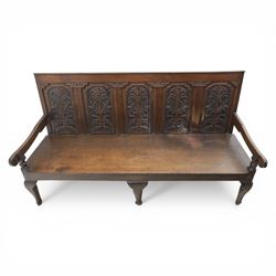 18th century oak hall bench or settle, five foliate carved back panels, dated 1760