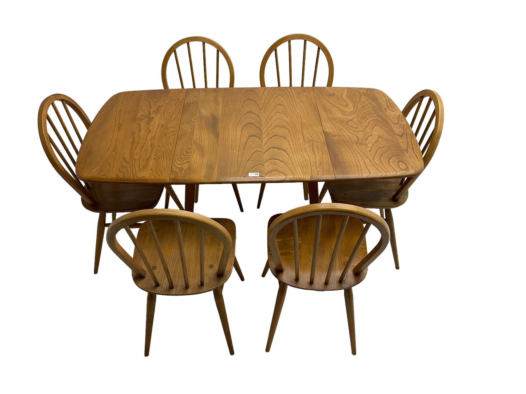 Ercol elm drop leaf table and set six hoop back chairs The