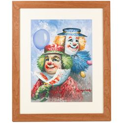 William Moninet (American 1937-1999): Circus Clowns and Clown with a Balloon, pair of oils on canvas board signed 39cm x 29cm (2)